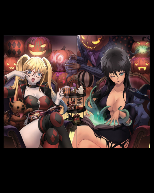 HARLEY QUINN X ELVIRA #2, RACHTA LIN VARIANT SET CONNECTING COVER A AND B